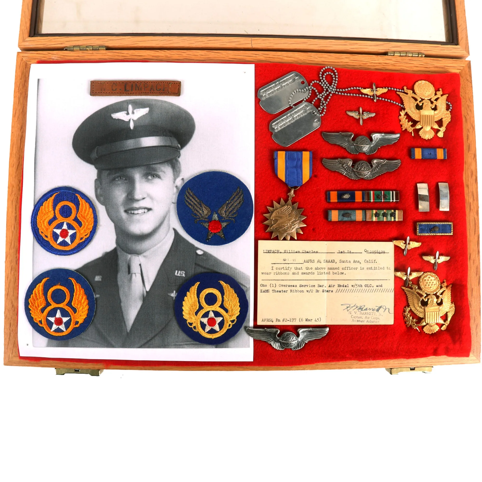 Original U.S. WWII B-17 “Evasive Action” Navigator Painted A2 Flight Jacket, Uniform, & Cased Medals and Insignia - Air Medal with 5 OLCs - 334th Bomb Squadron, 95th Bombardment Group - William Charles "Limpy" Limpach