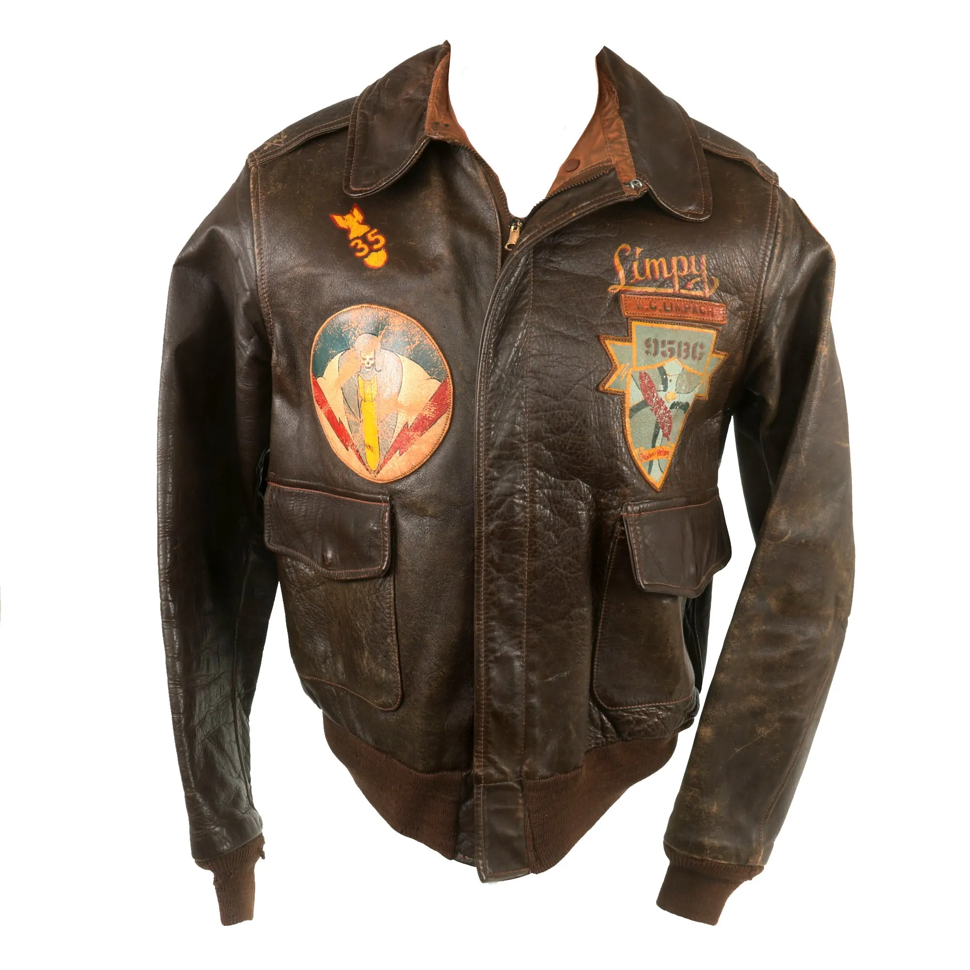 Original U.S. WWII B-17 “Evasive Action” Navigator Painted A2 Flight Jacket, Uniform, & Cased Medals and Insignia - Air Medal with 5 OLCs - 334th Bomb Squadron, 95th Bombardment Group - William Charles "Limpy" Limpach