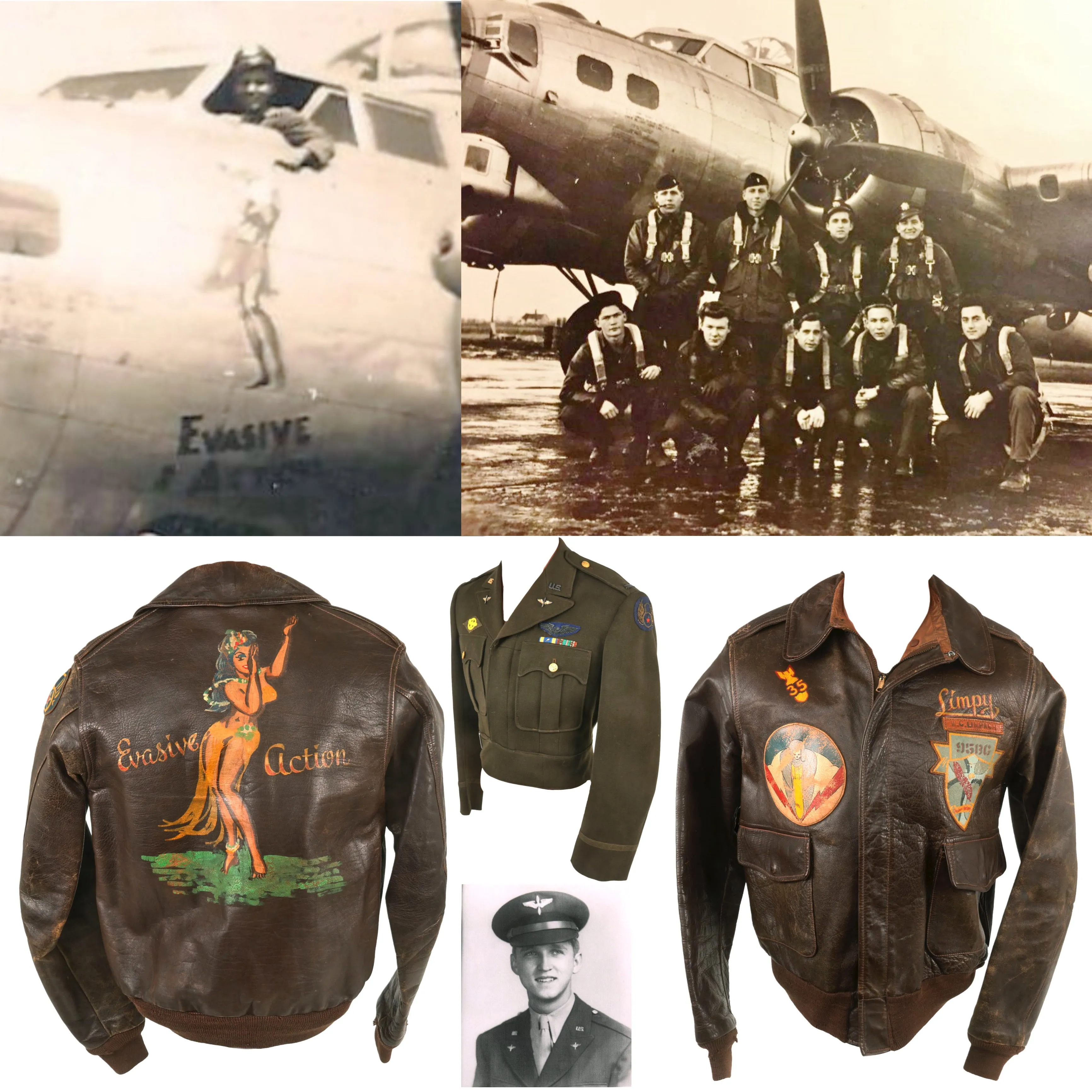 Original U.S. WWII B-17 “Evasive Action” Navigator Painted A2 Flight Jacket, Uniform, & Cased Medals and Insignia - Air Medal with 5 OLCs - 334th Bomb Squadron, 95th Bombardment Group - William Charles "Limpy" Limpach