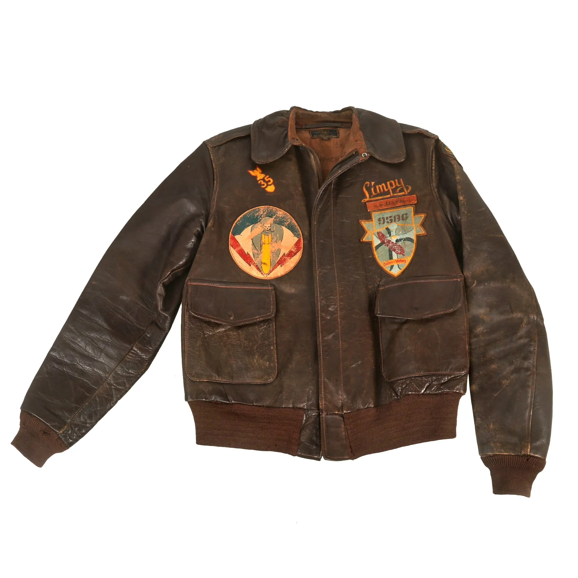 Original U.S. WWII B-17 “Evasive Action” Navigator Painted A2 Flight Jacket, Uniform, & Cased Medals and Insignia - Air Medal with 5 OLCs - 334th Bomb Squadron, 95th Bombardment Group - William Charles "Limpy" Limpach