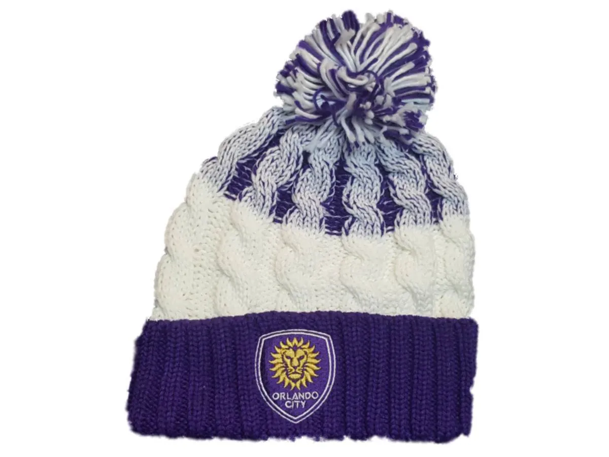 Orlando City SC Adidas White Purple Thick Knit Cuffed Beanie Hat Cap with Poof