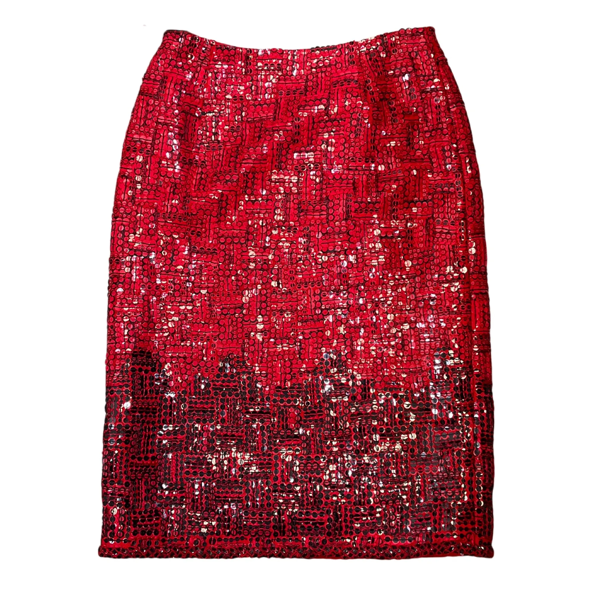 Oscar de la Renta Red / Black Sequined Wool Skirt