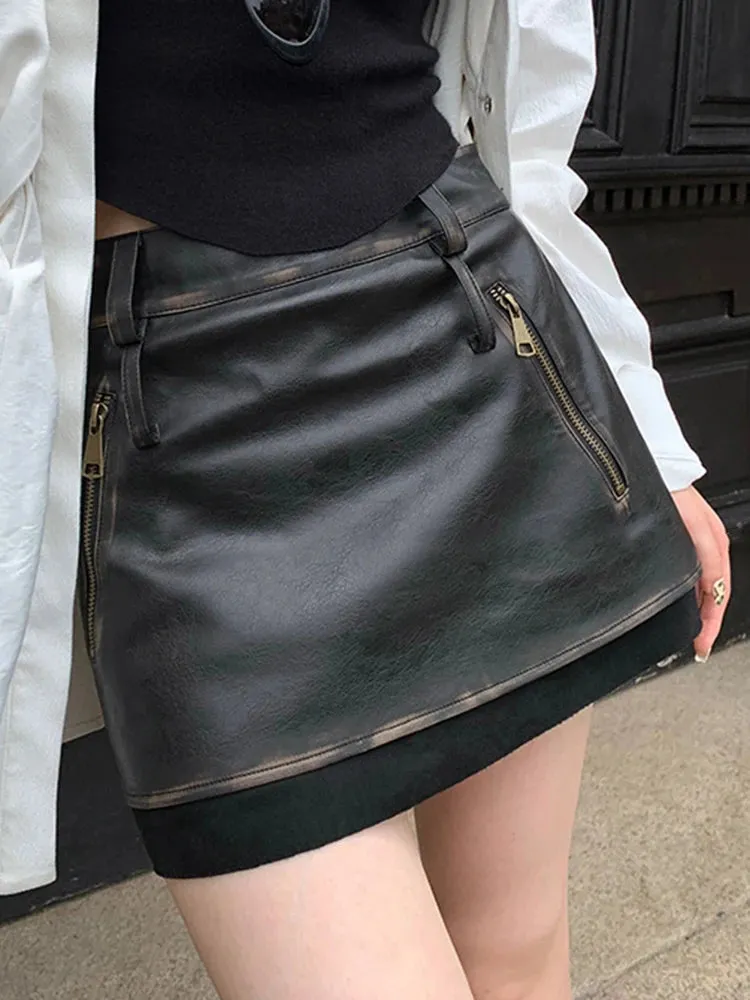 Patcheork Zipper Slimming Mini Skirts For Women High Waist Minimalist Temperament Sexy Skirt Female Fashion