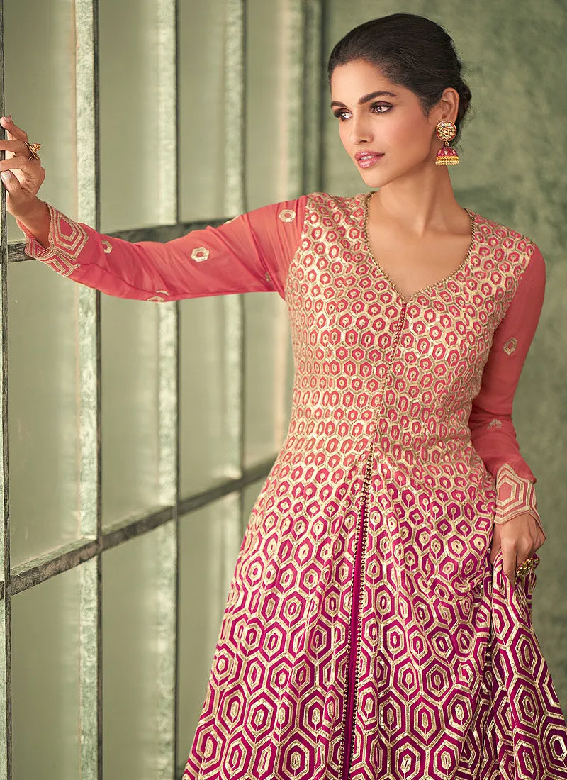 Pink And Orange Shaded Sequence Embroidery Slit Style Anarkali Lehenga