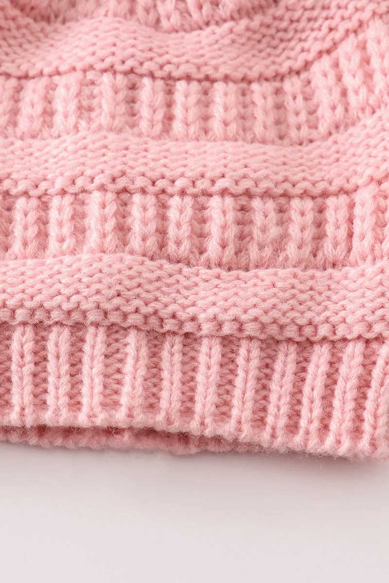 Pink double pompom cable beanie