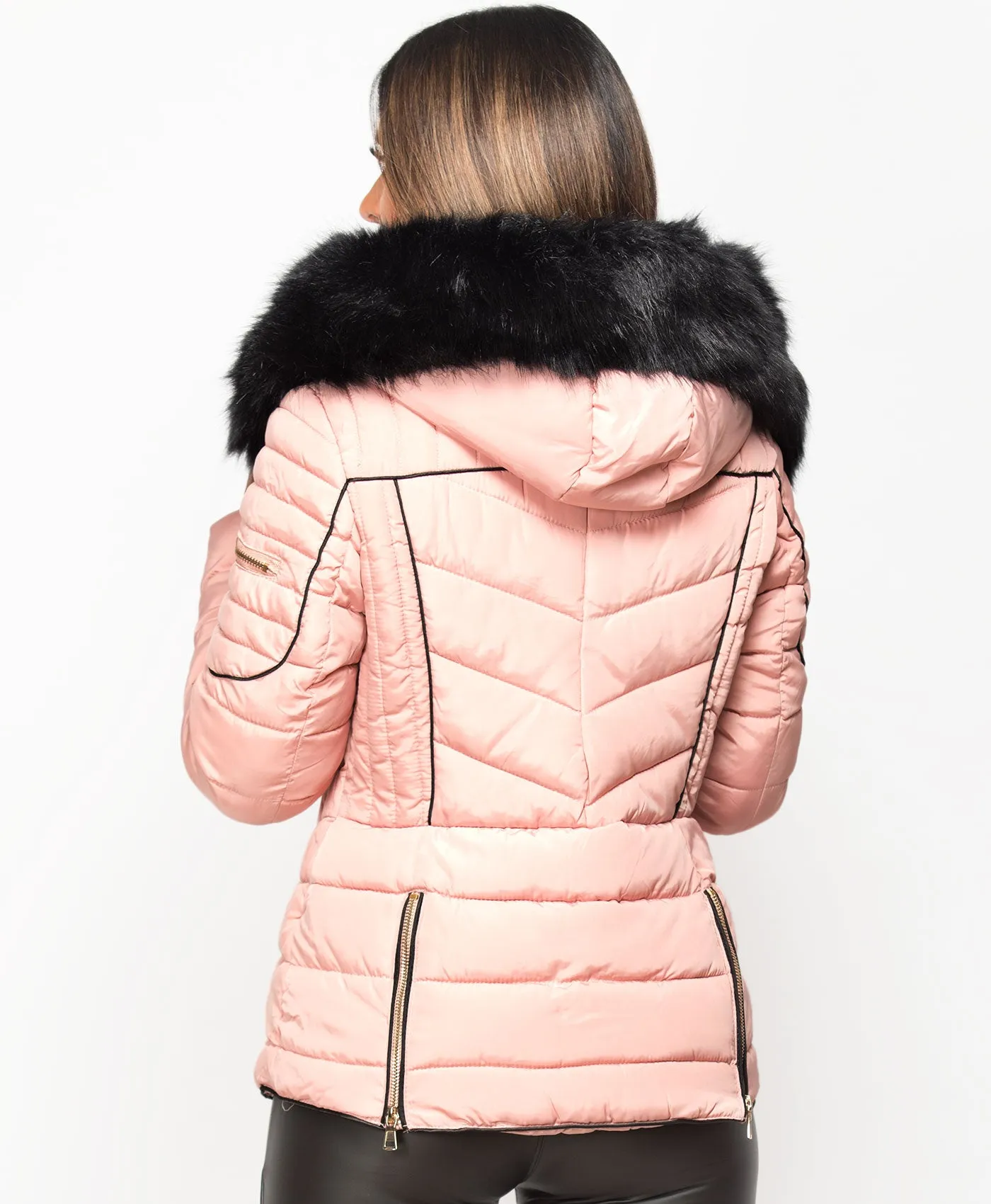 Pink Fur Hooded Piping Quilted Puffer Jacket