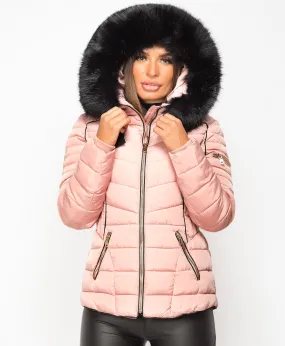 Pink Fur Hooded Piping Quilted Puffer Jacket