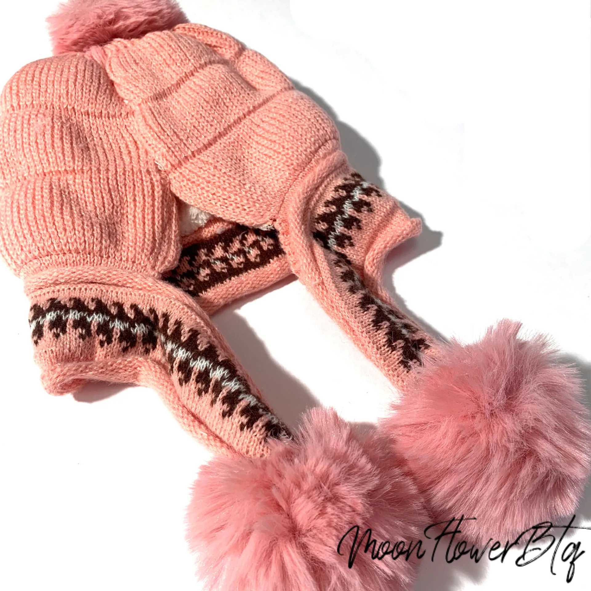 Pink Winter Knit Pom Pom Beanie Hat