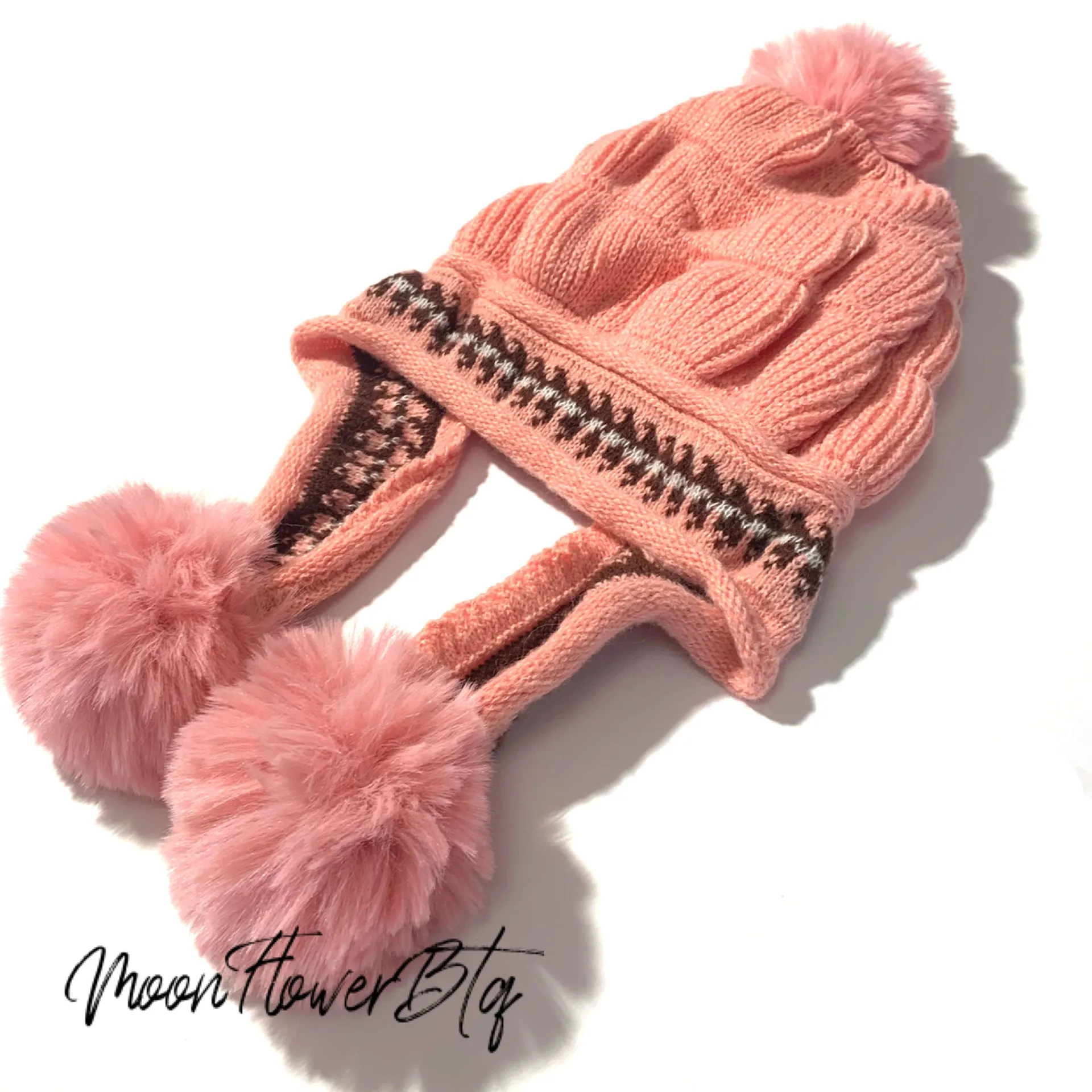 Pink Winter Knit Pom Pom Beanie Hat