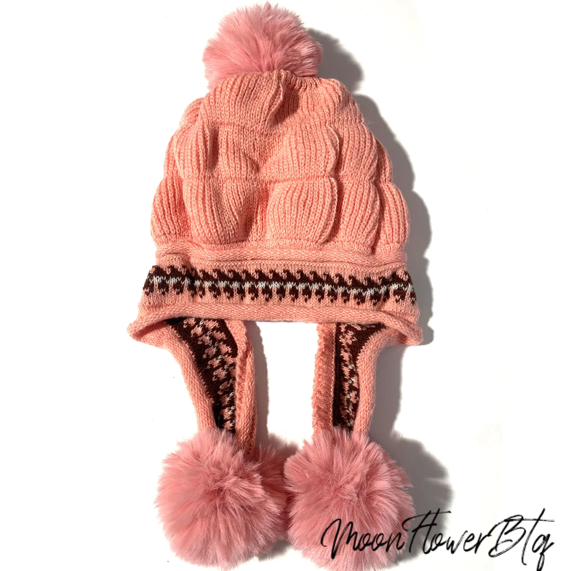 Pink Winter Knit Pom Pom Beanie Hat