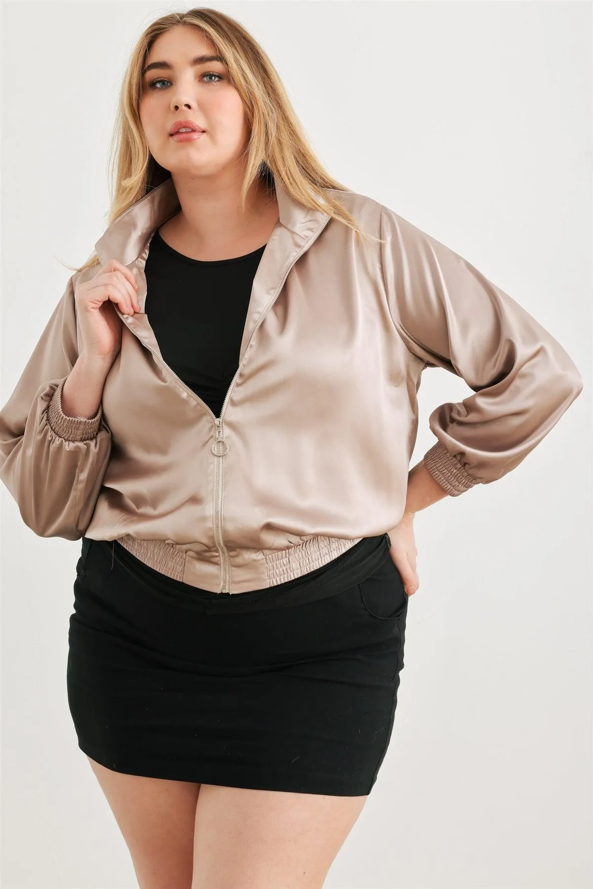 Plus Size Satin Zip-Up Mock Neck Bomber Jacket /2-2