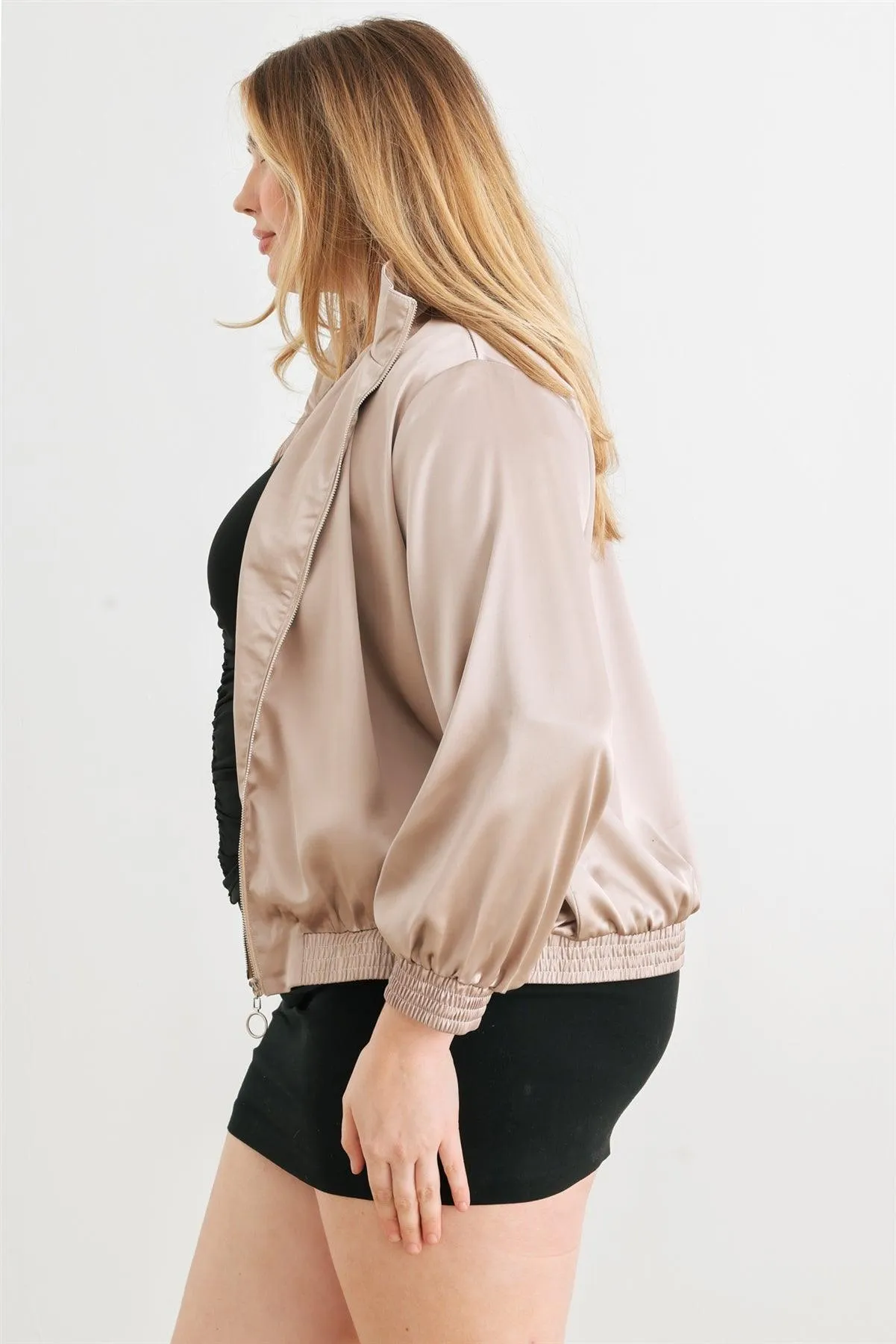 Plus Size Satin Zip-Up Mock Neck Bomber Jacket /2-2