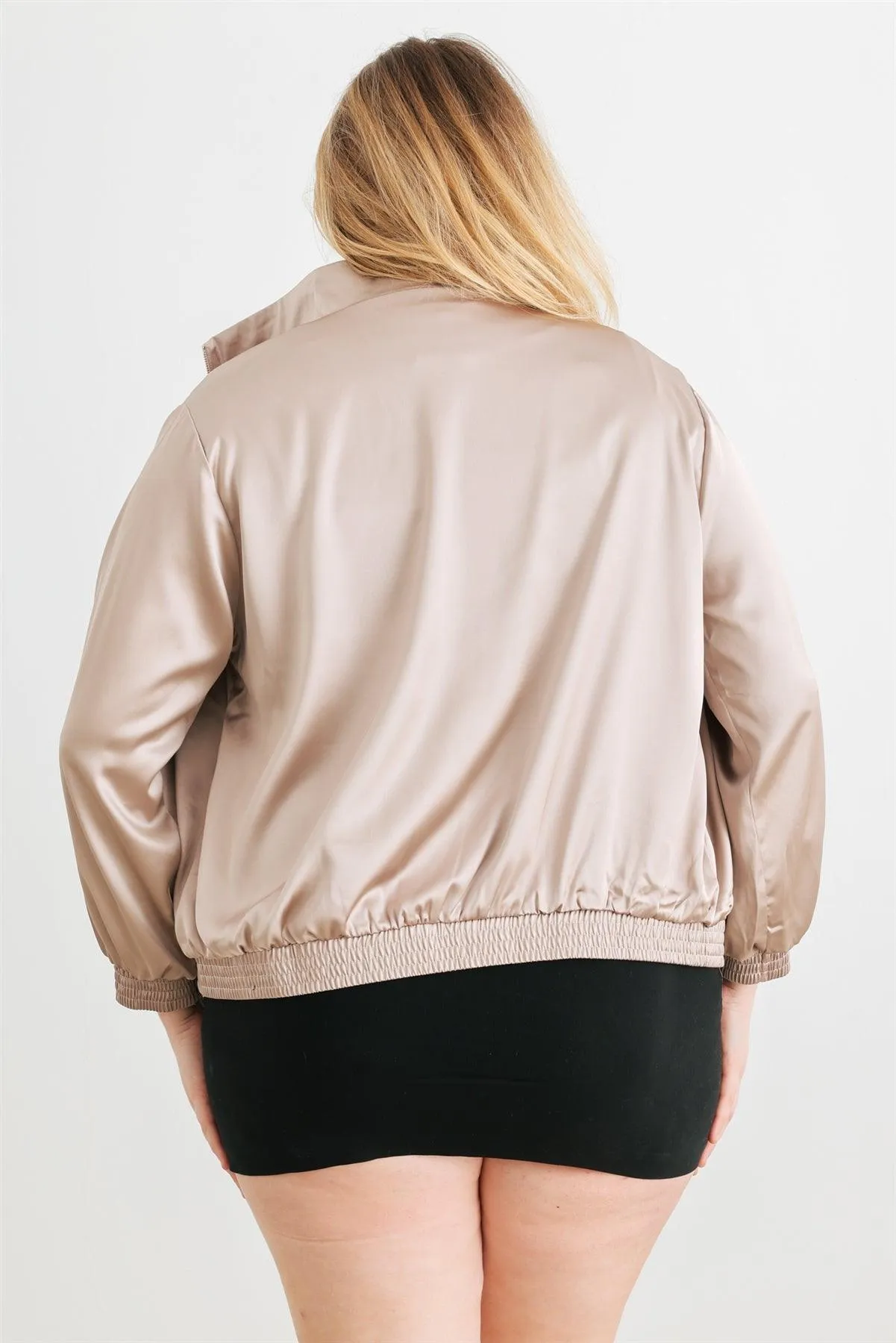 Plus Size Satin Zip-Up Mock Neck Bomber Jacket /2-2