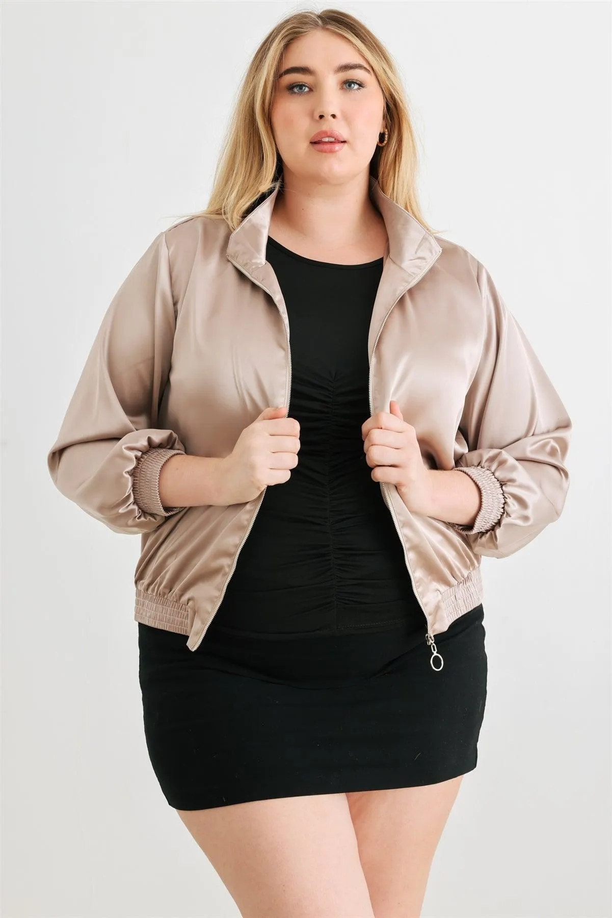 Plus Size Satin Zip-Up Mock Neck Bomber Jacket /2-2