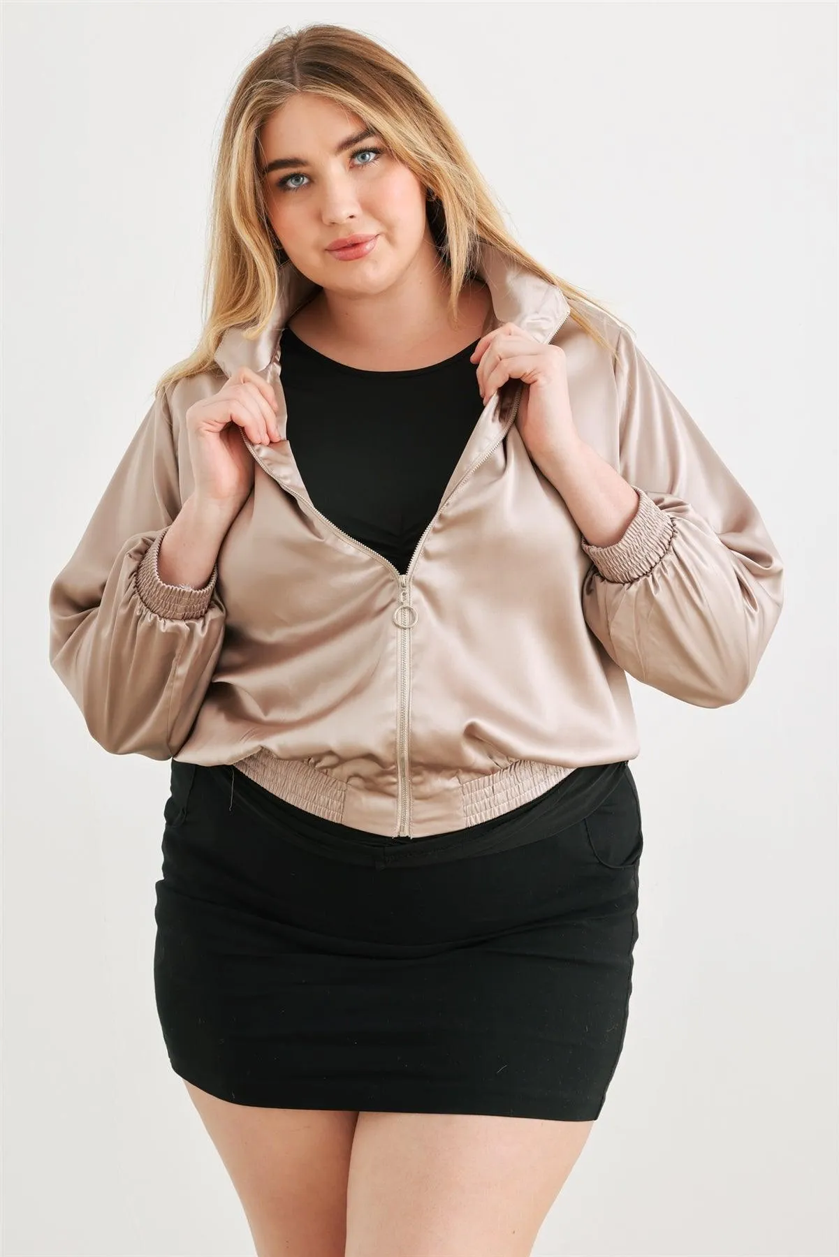 Plus Size Satin Zip-Up Mock Neck Bomber Jacket /2-2