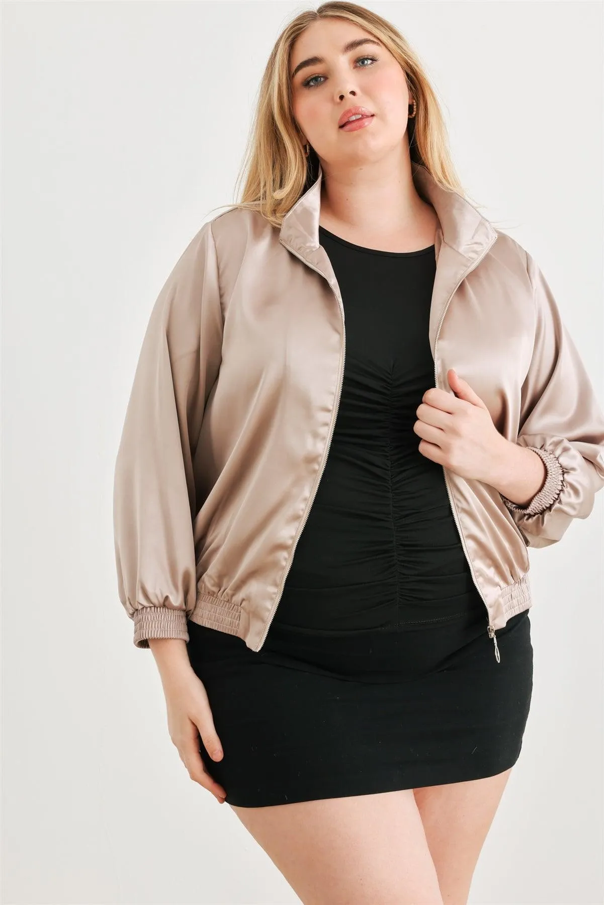 Plus Size Satin Zip-Up Mock Neck Bomber Jacket /2-2