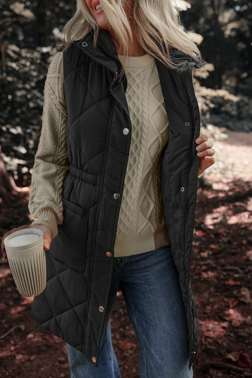 Pocketed Zipper and Button Vest Coat - 2 Colors