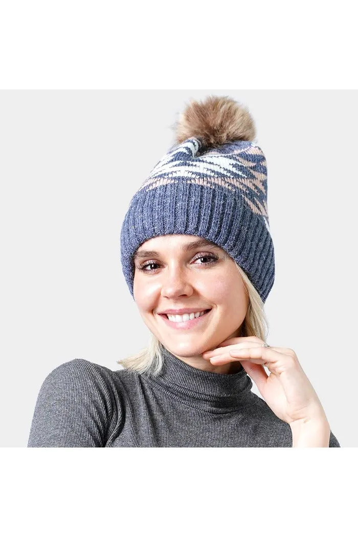 Pom Pom Western Knit Beanie Hat