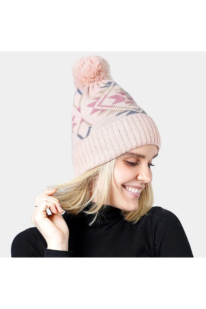 Pom Pom Western Knit Beanie Hat