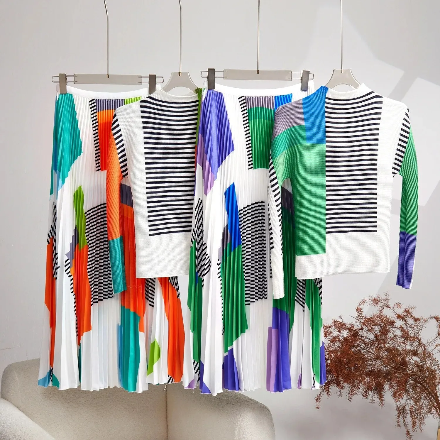 Pre Order:  Striped Colorblock Pleated Top   Skirt