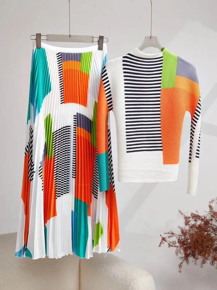 Pre Order:  Striped Colorblock Pleated Top   Skirt