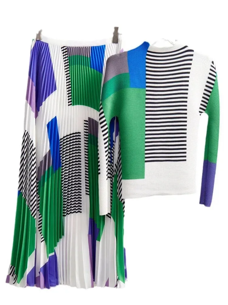 Pre Order:  Striped Colorblock Pleated Top   Skirt