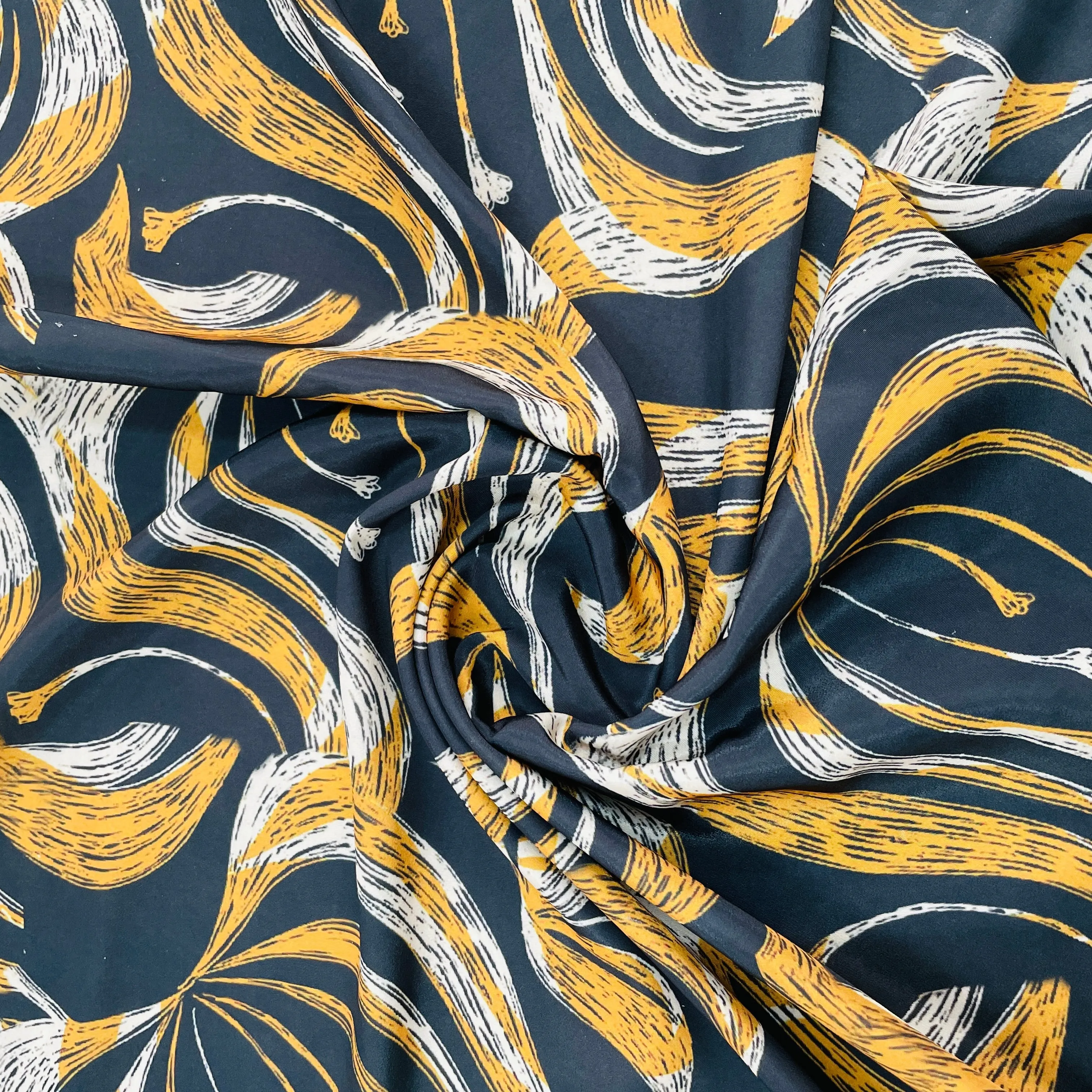 Premium Black Yellow Abstract Print French Crepe Fabric