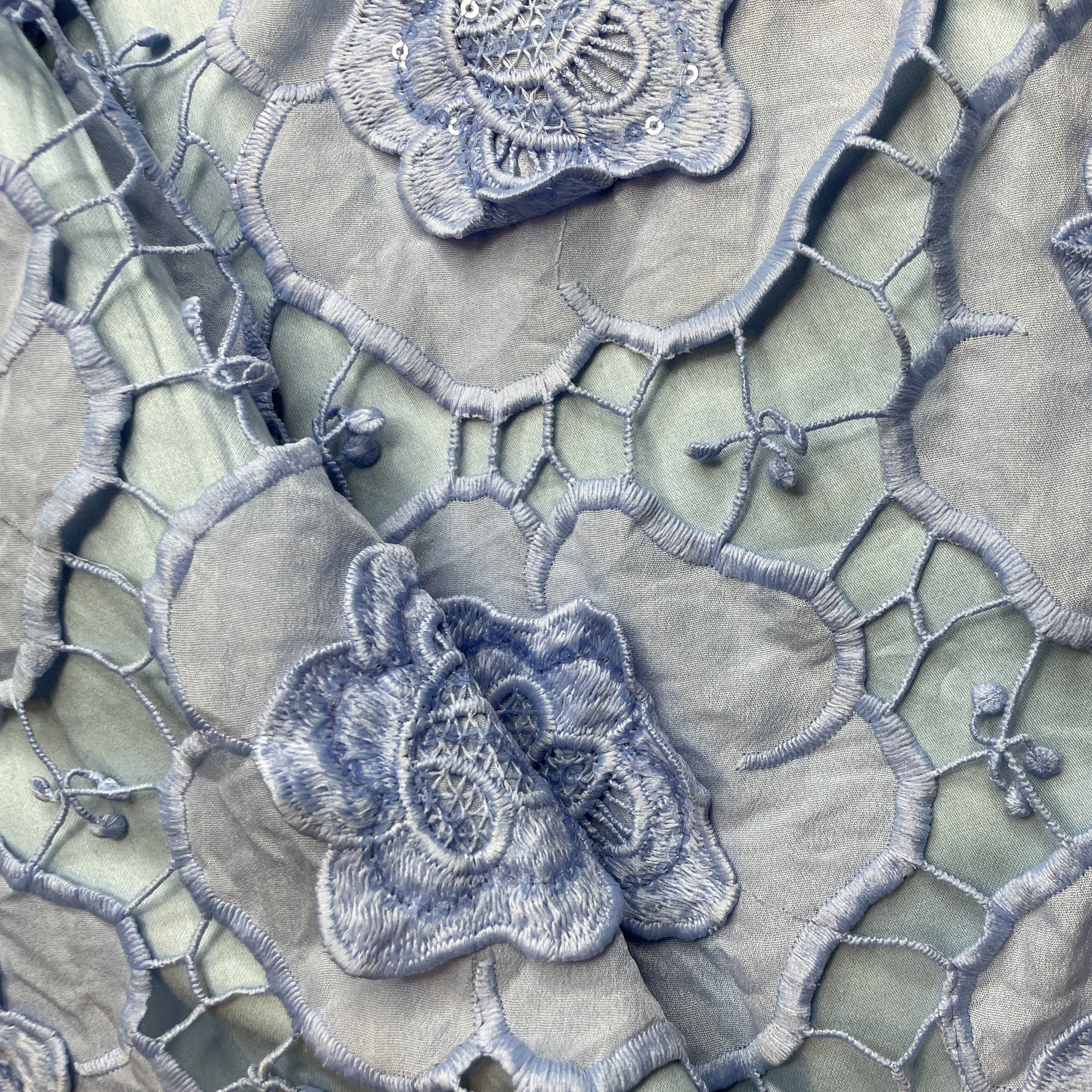 Premium Cornflower Blue 3D Floral Sequins Embroidery Schiffli Crepe Fabric