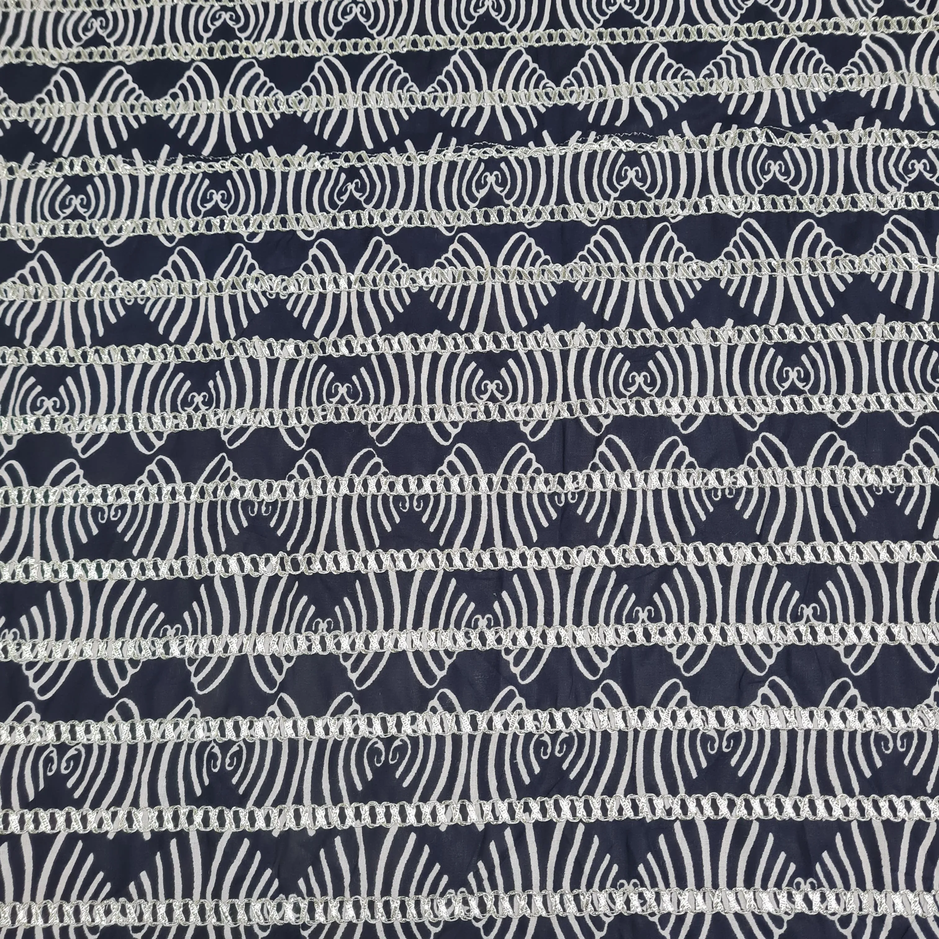 Premium Dark Blue Abstract Print Gota Work Cambric Cotton Fabric