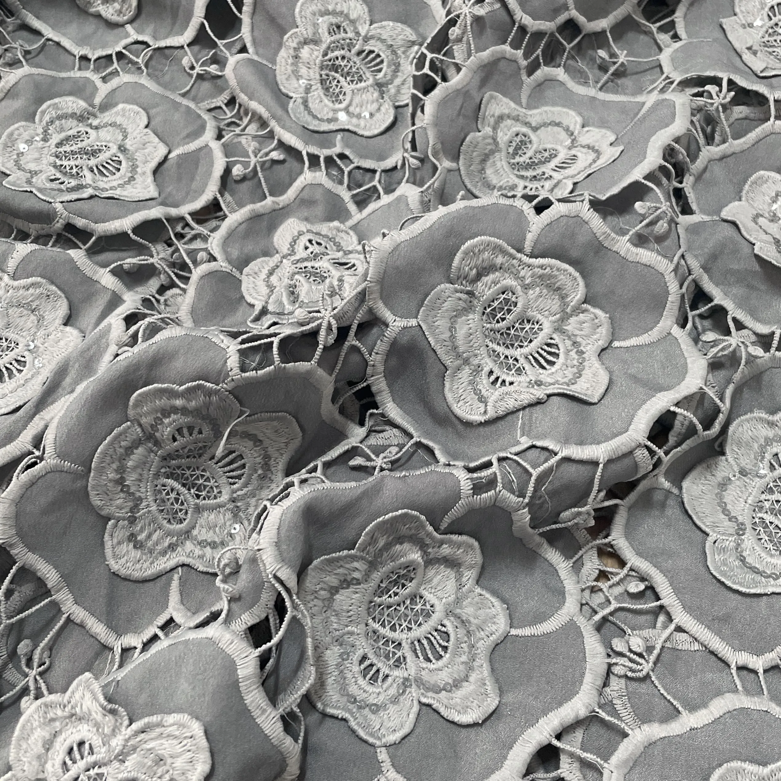 Premium Grey 3D Floral Sequins Embroidery Schiffli Crepe Fabric