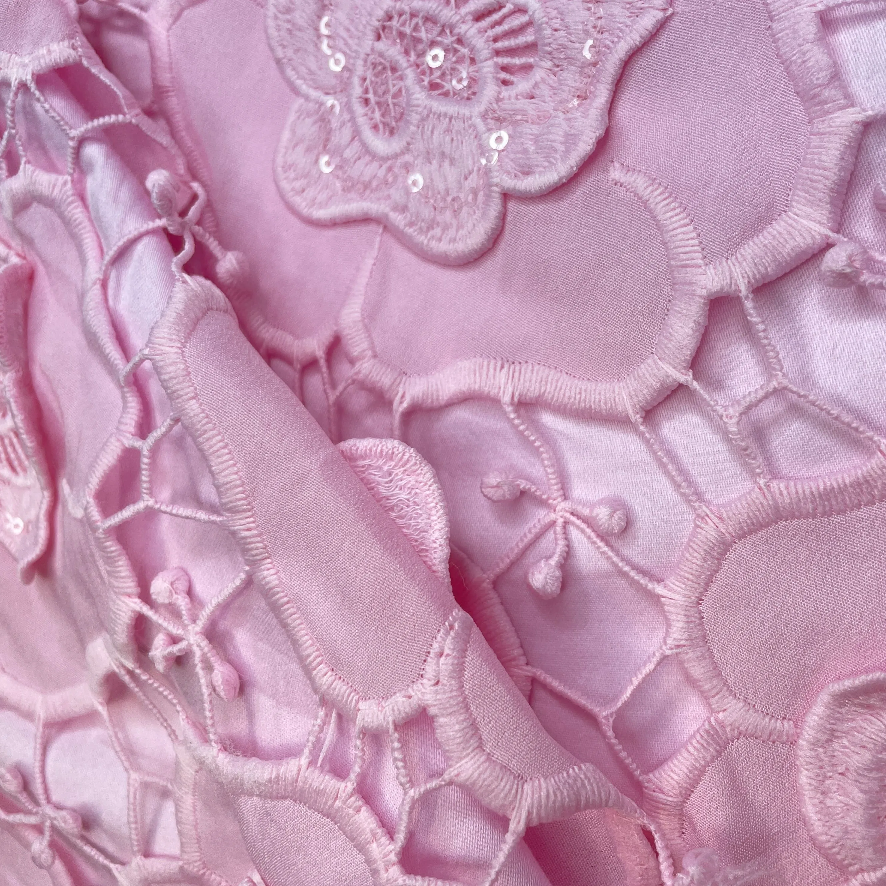 Premium Pink 3D Floral Sequins Embroidery Schiffli Crepe Fabric