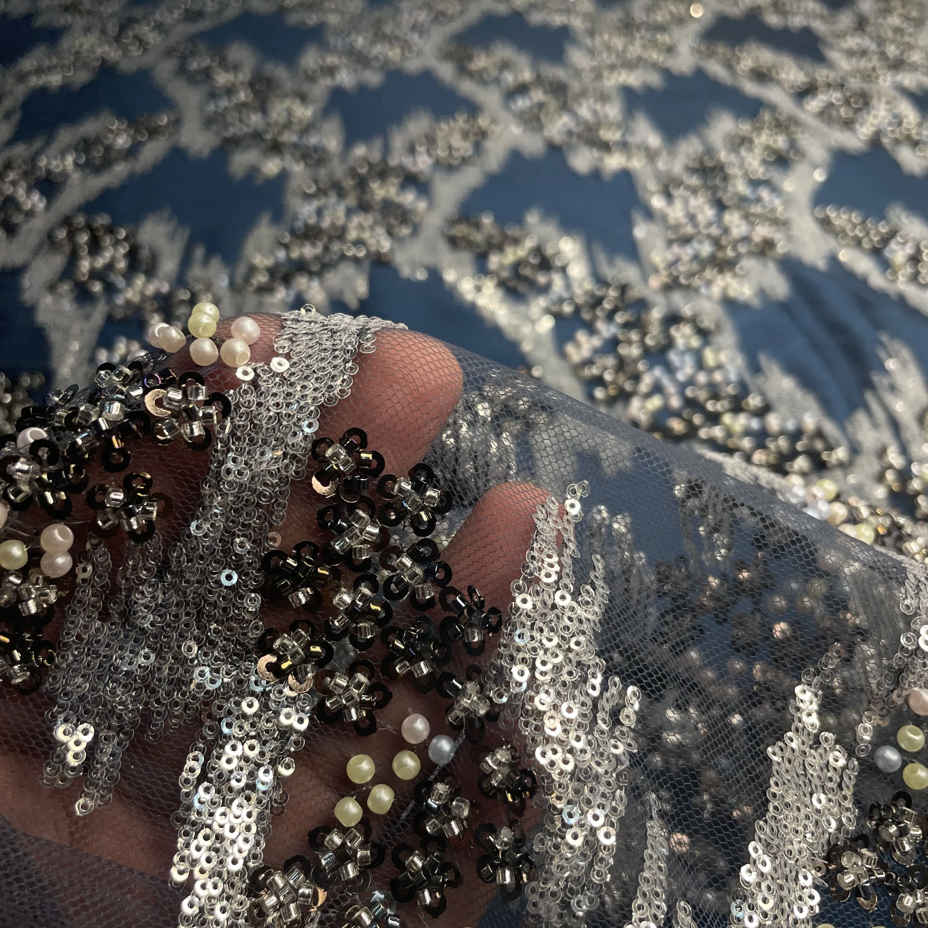 Premium Steel Blue Abstract Pearl Imported CutDana Handcrafted Net Fabric