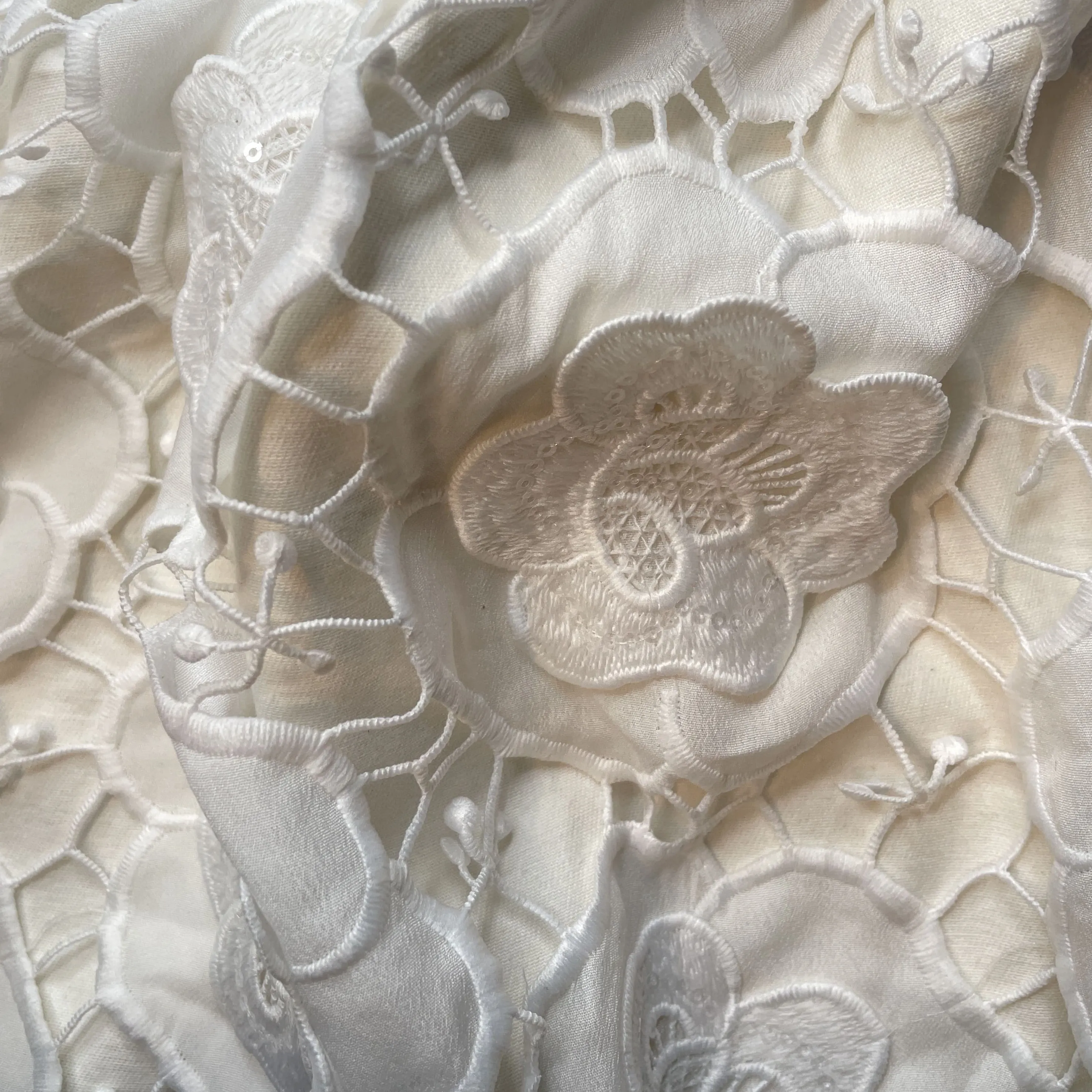 Premium White 3D Floral Sequins Embroidery Schiffli Crepe Fabric