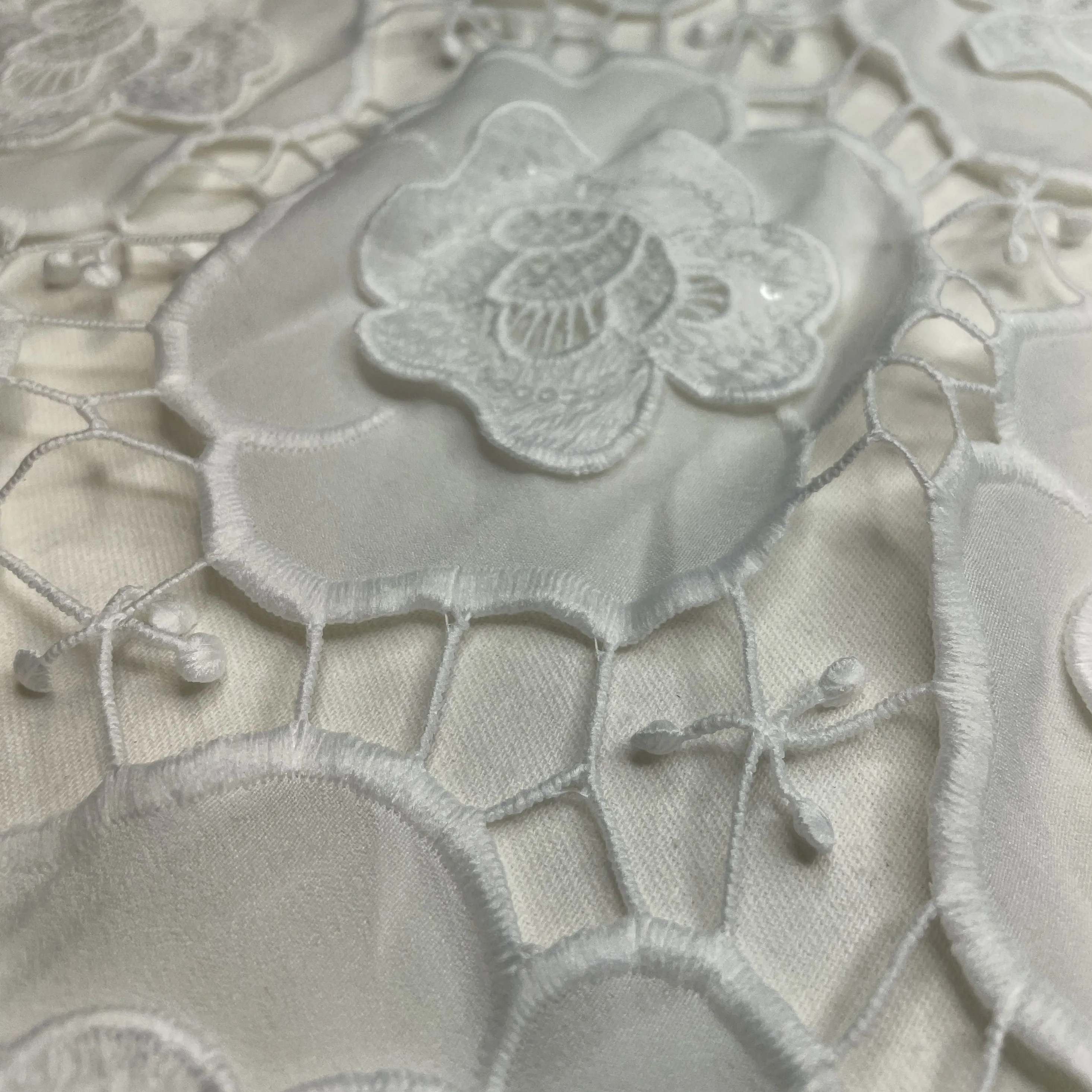 Premium White 3D Floral Sequins Embroidery Schiffli Crepe Fabric