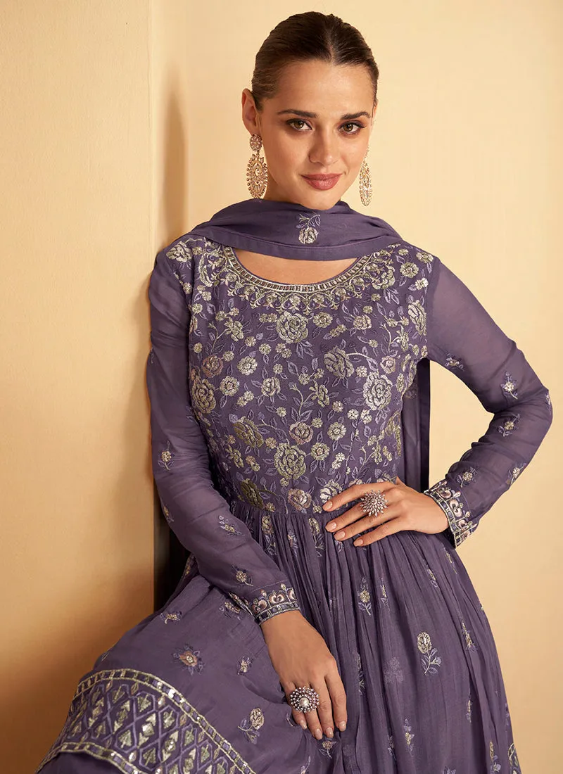 Purple Sequence Embroidery Sharara Style Suit