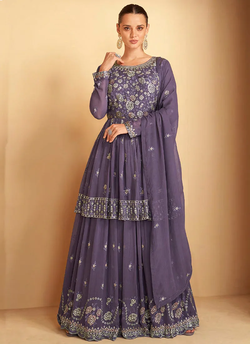 Purple Sequence Embroidery Sharara Style Suit