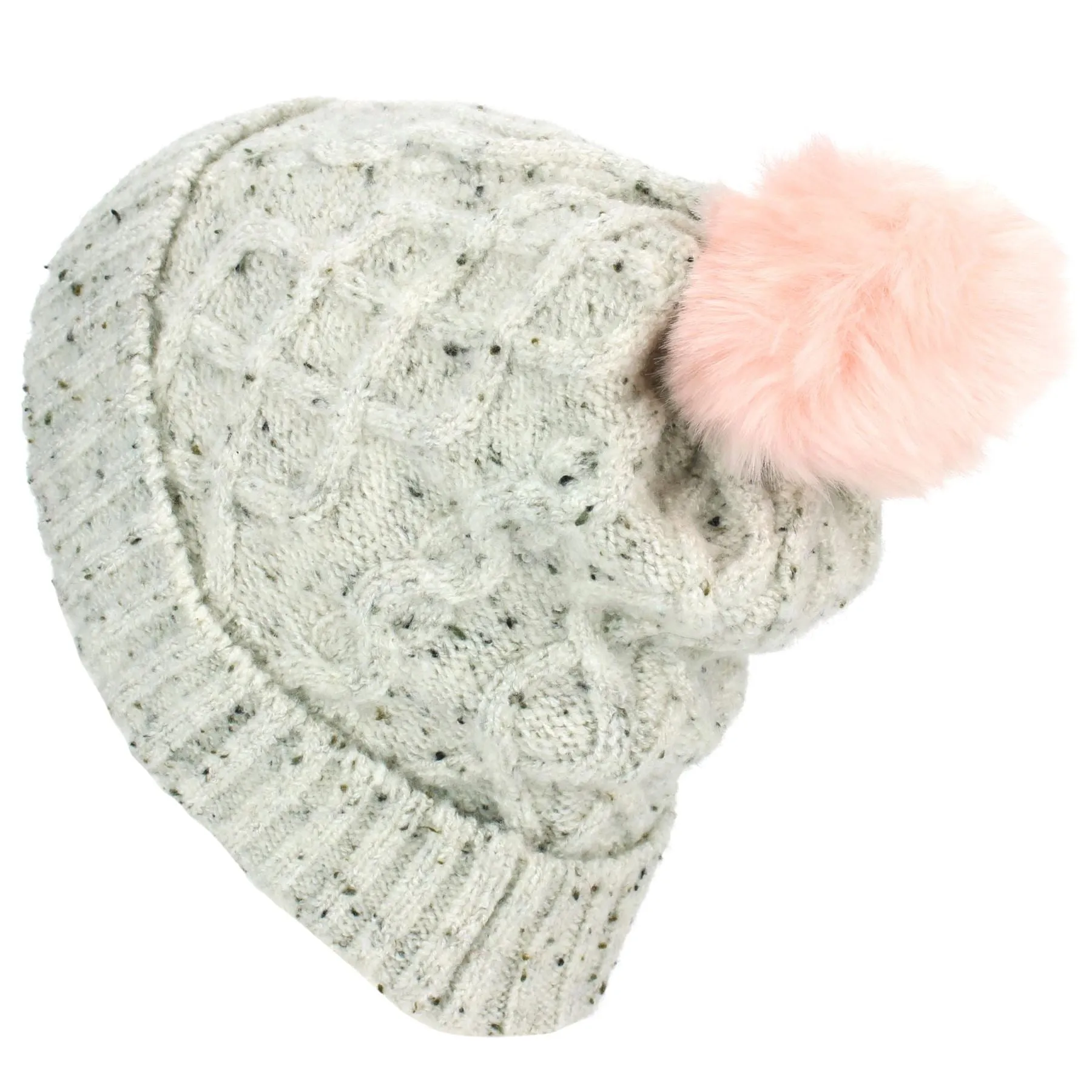 Ribbed Cable Knit Bobble Beanie Hat - Mottled White