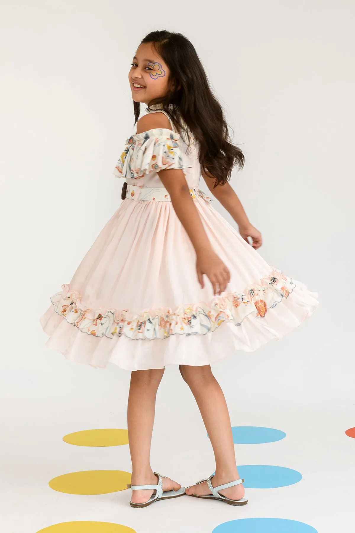 Ribbon of Moonlight- Round Neck With Pleated Sleeves Dress For Girls