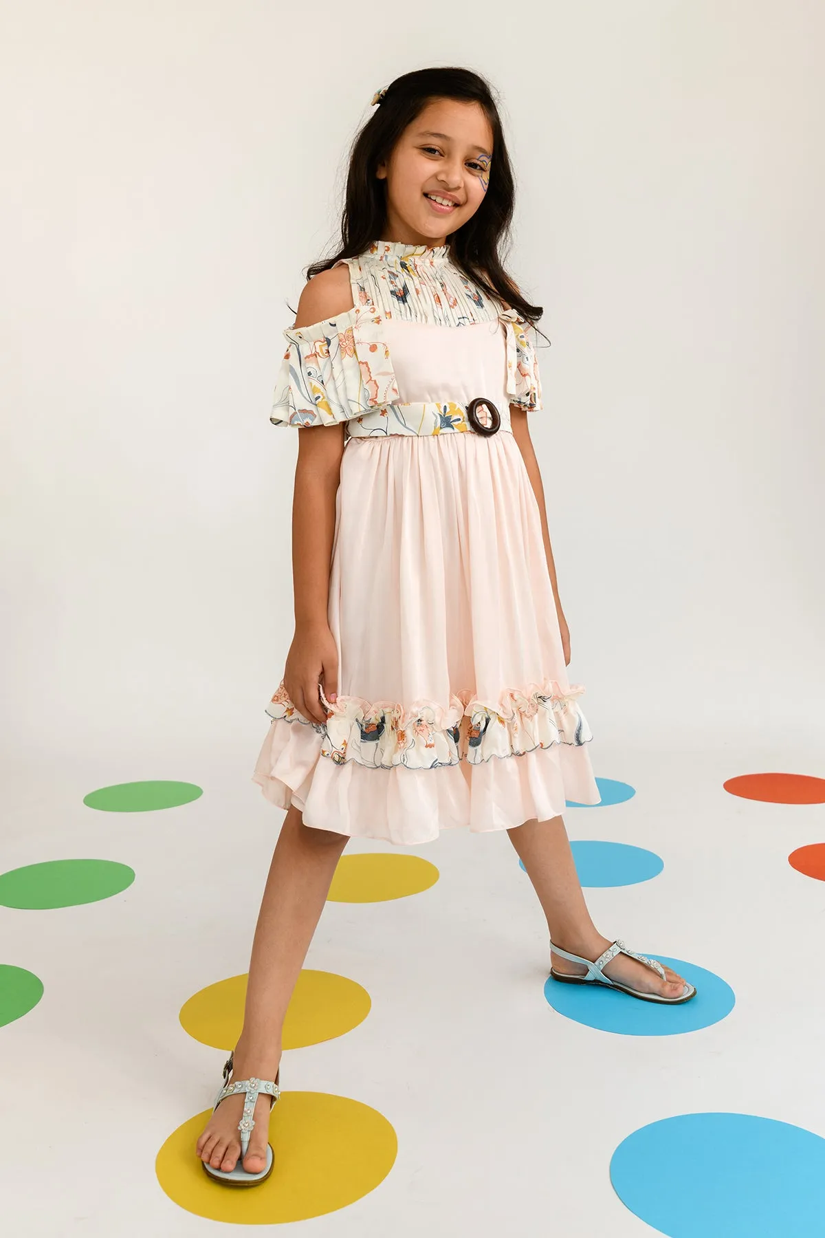 Ribbon of Moonlight- Round Neck With Pleated Sleeves Dress For Girls