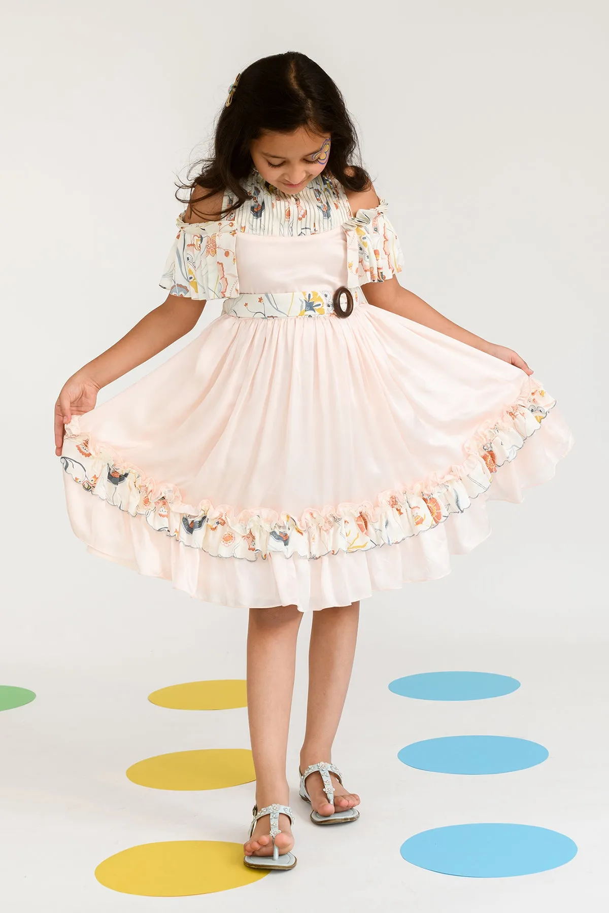 Ribbon of Moonlight- Round Neck With Pleated Sleeves Dress For Girls