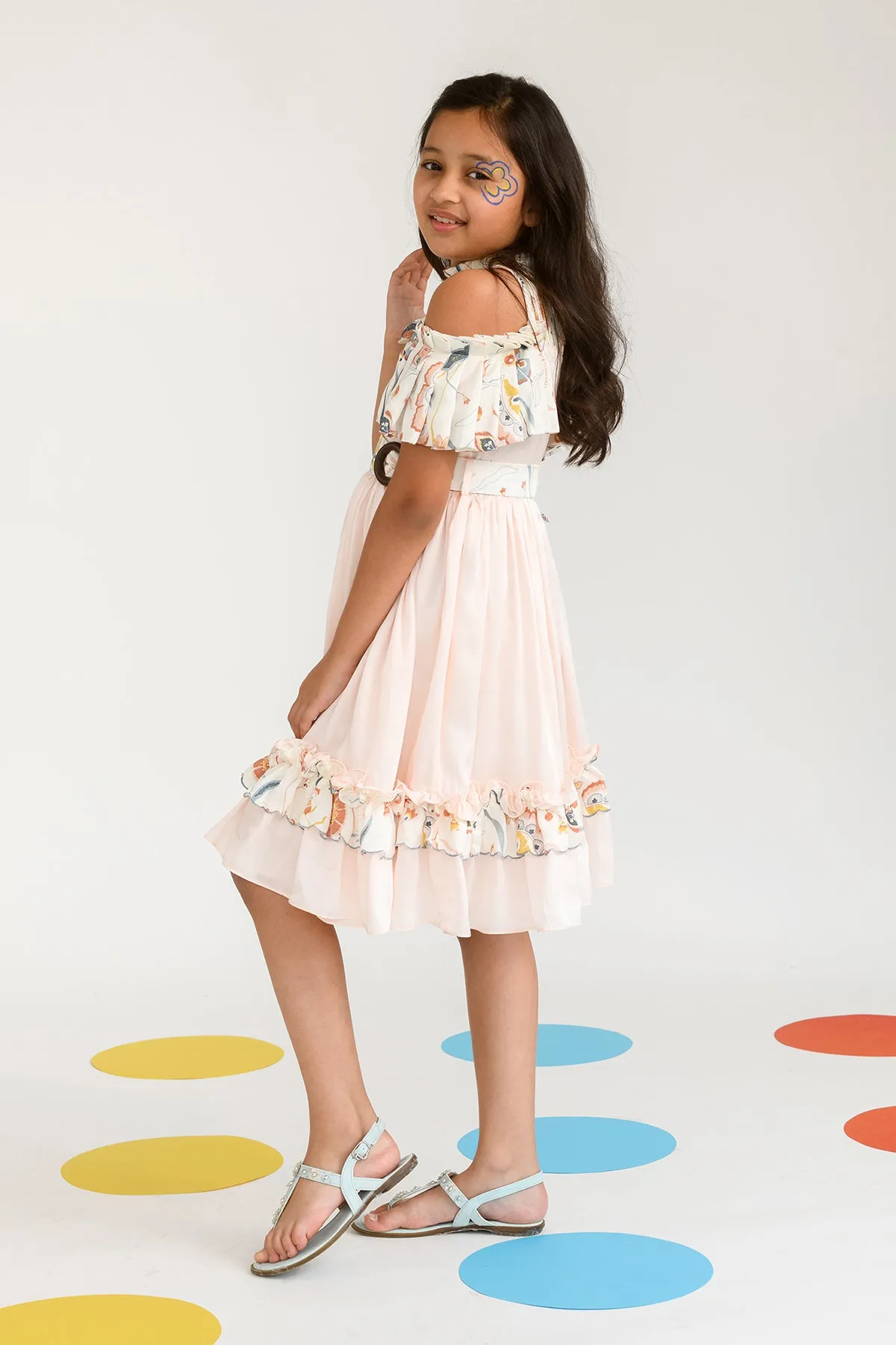 Ribbon of Moonlight- Round Neck With Pleated Sleeves Dress For Girls