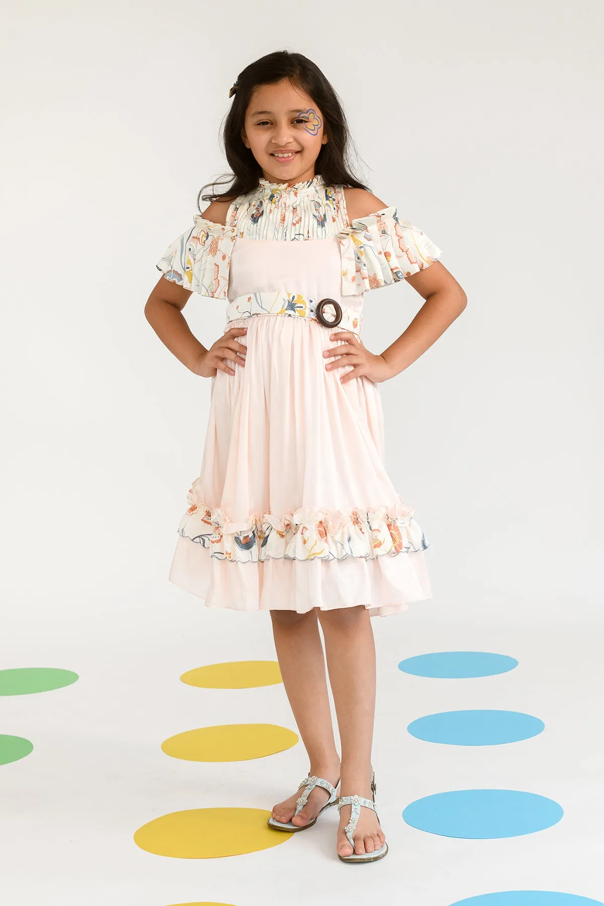 Ribbon of Moonlight- Round Neck With Pleated Sleeves Dress For Girls