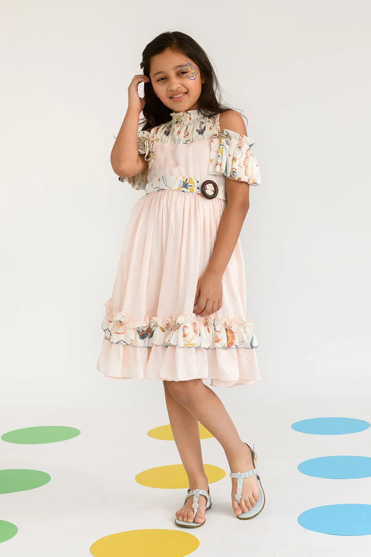 Ribbon of Moonlight- Round Neck With Pleated Sleeves Dress For Girls