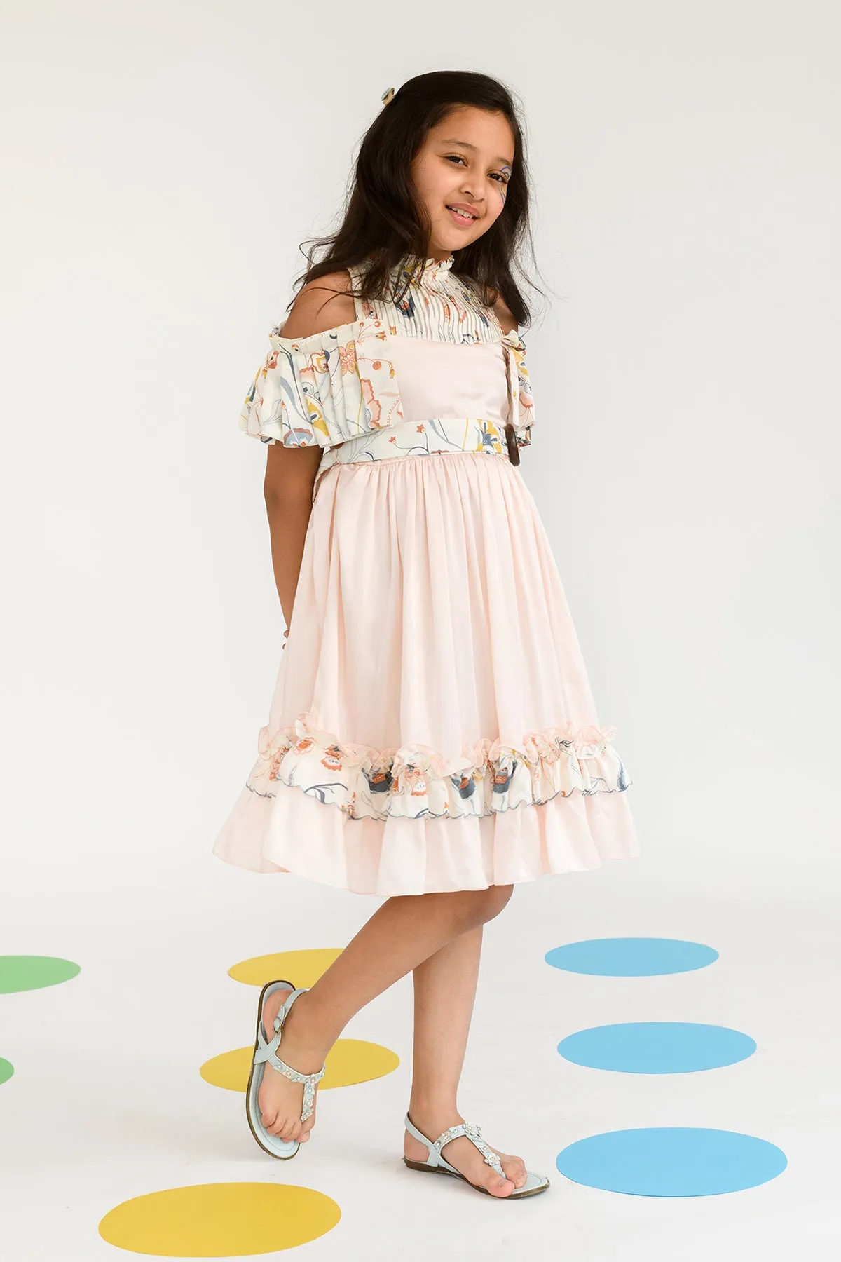 Ribbon of Moonlight- Round Neck With Pleated Sleeves Dress For Girls