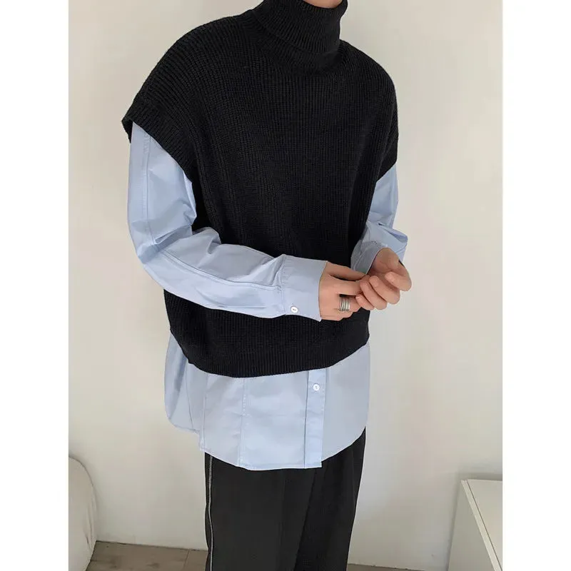 Riolio FALL OUTFIT MEN Turtleneck Sweater Vest Men Warm Fashion Winter Casual Knitted Pullover Men Korean Loose Short Sweater Vest Mens Jumper Clothes