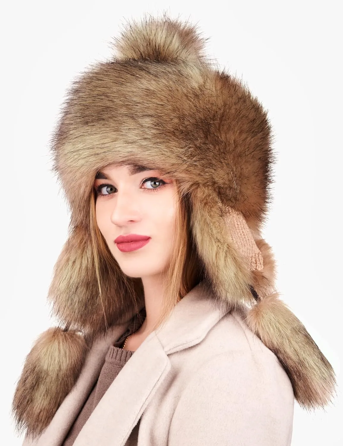 Russian Faux Fur Ginger Brown Lined Winter Knit Trapper Hat