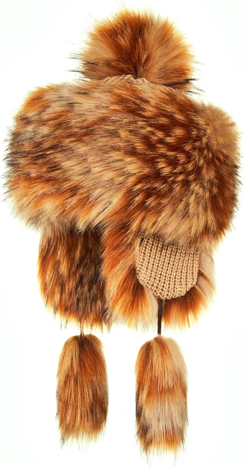 Russian Faux Fur Ginger Brown Lined Winter Knit Trapper Hat