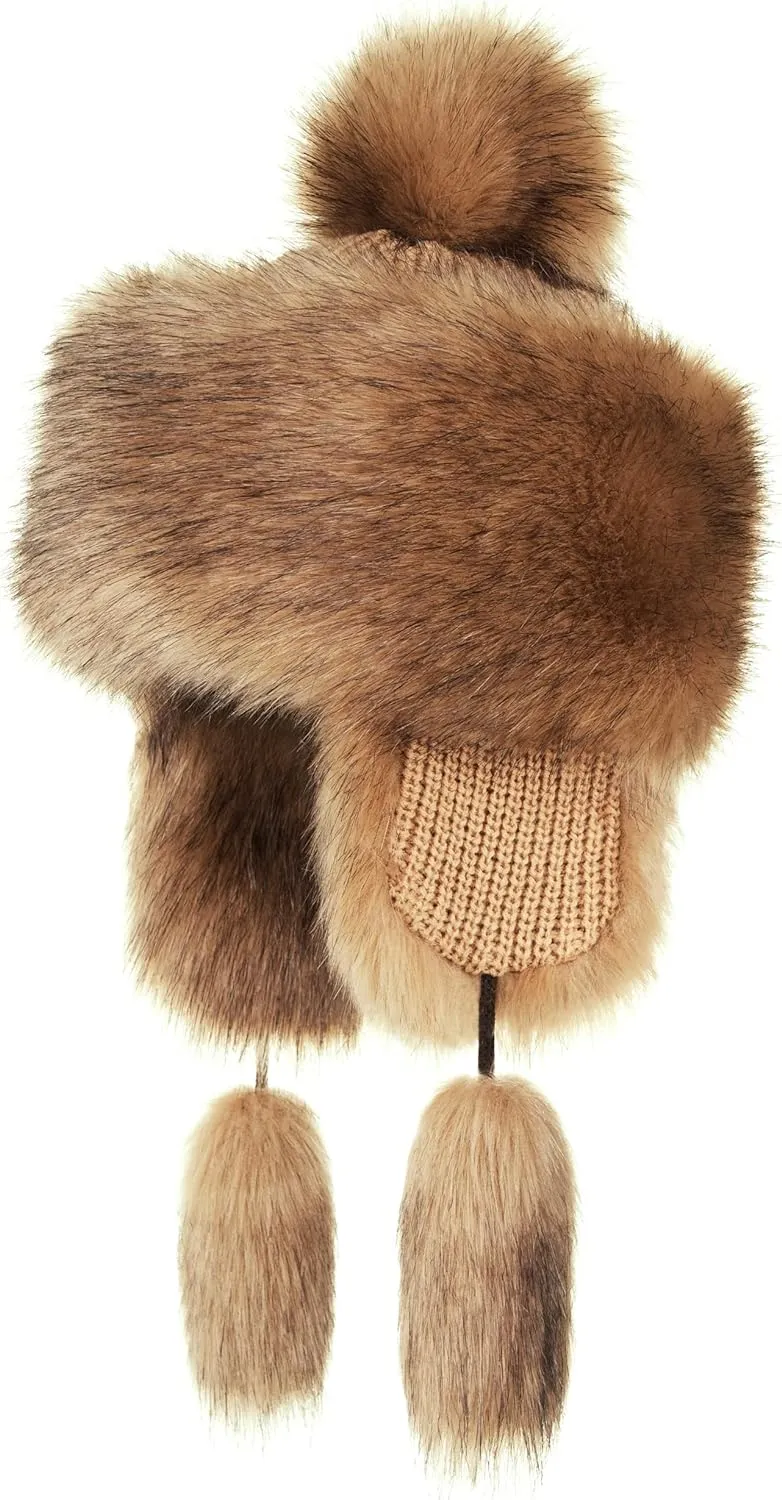 Russian Faux Fur Ginger Brown Lined Winter Knit Trapper Hat