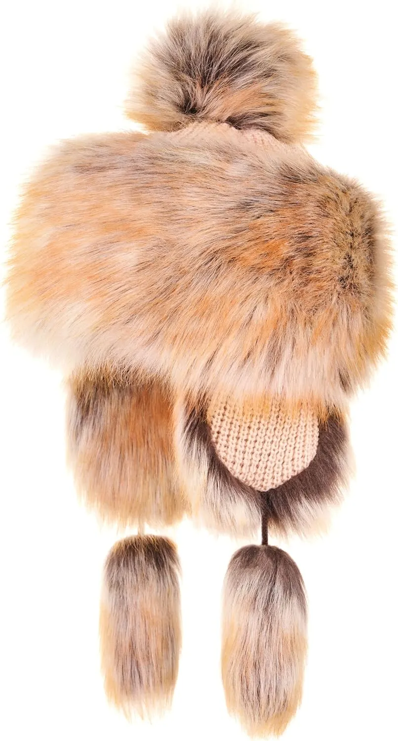 Russian Faux Fur Ginger Brown Lined Winter Knit Trapper Hat