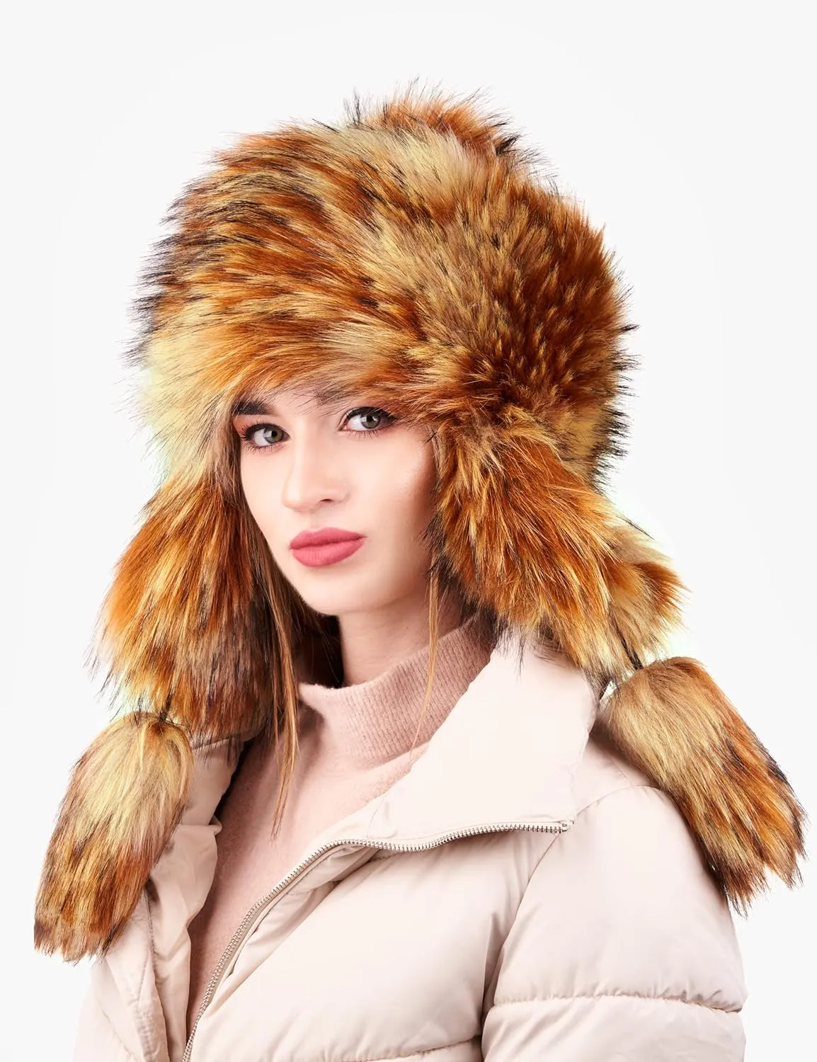 Russian Faux Fur Ginger Brown Lined Winter Knit Trapper Hat